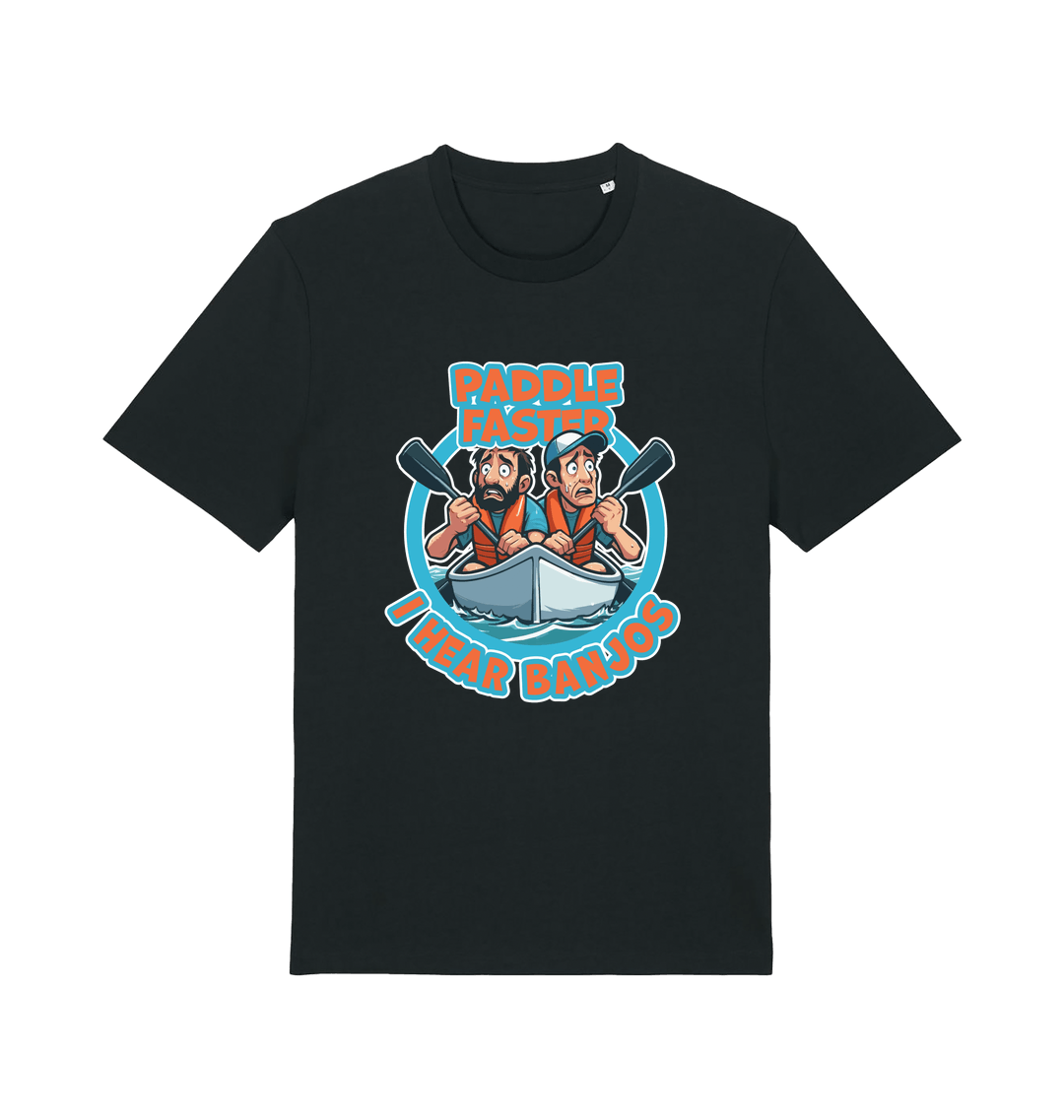 Black funny t-shirt with a graphic design of two cartoon characters in a boat and the slogan 'Paddle Faster I Hear Banjos' 