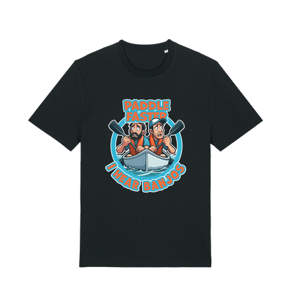Black funny t-shirt with a graphic design of two cartoon characters in a boat and the slogan 'Paddle Faster I Hear Banjos' 