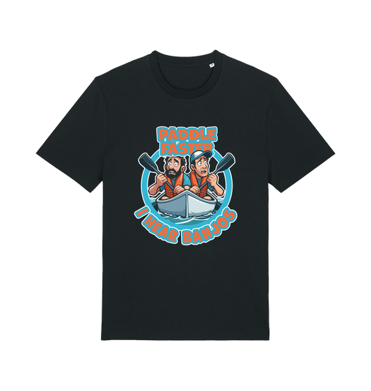 Black funny t-shirt with a graphic design of two cartoon characters in a boat and the slogan 'Paddle Faster I Hear Banjos' 