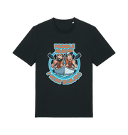 Black funny t-shirt with a graphic design of two cartoon characters in a boat and the slogan 'Paddle Faster I Hear Banjos' 