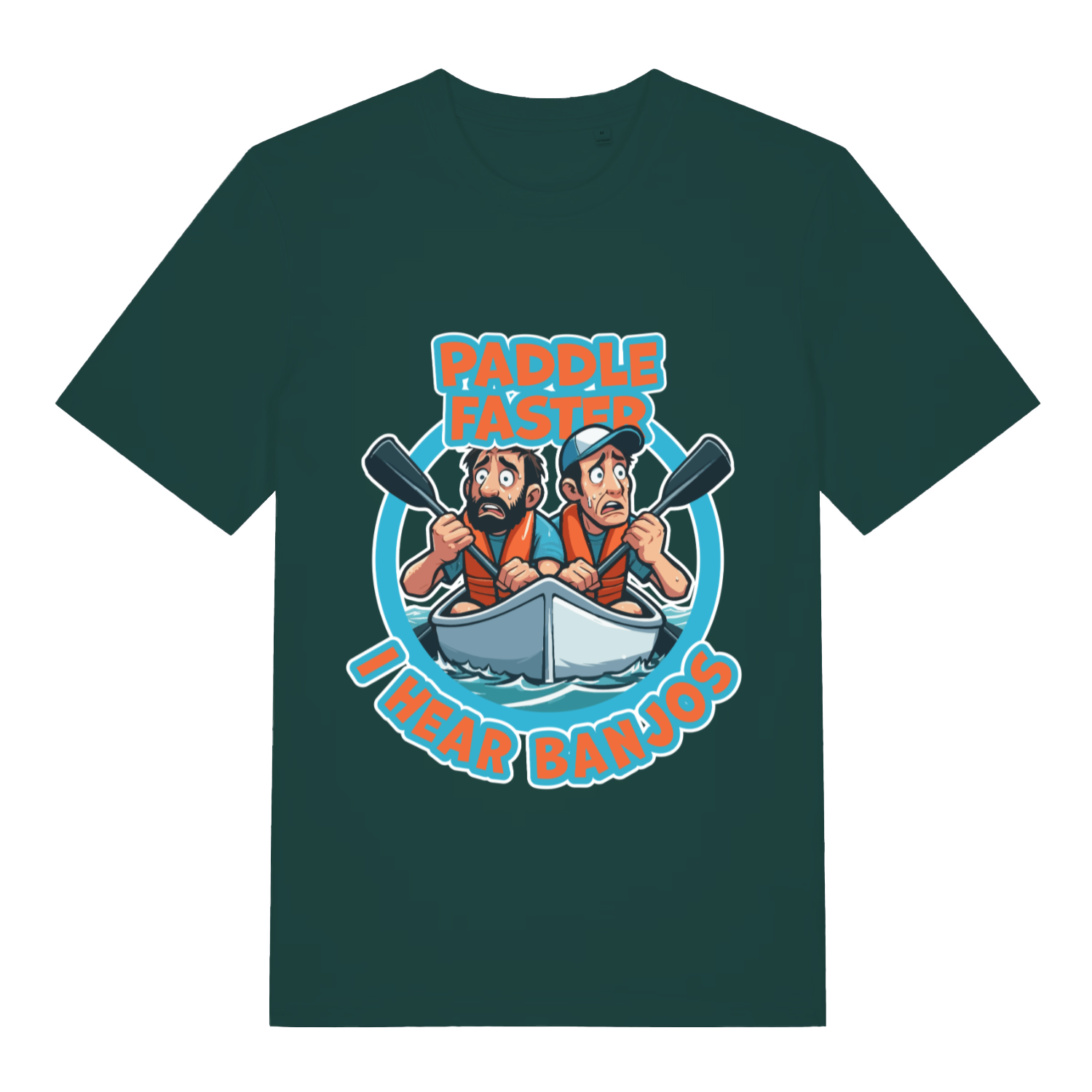 Green Paddle Faster I Hear Banjos funny graphic t-shirt featuring movie quote design  