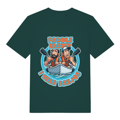 Green Paddle Faster I Hear Banjos funny graphic t-shirt featuring movie quote design  