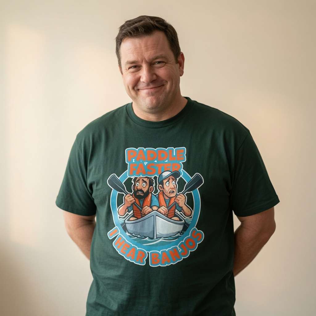 Man smiling with hands behind his back in a dark green Paddle Faster I Hear Banjos t-shirt, humorous mens film-inspired design that every Deliverance fan will get