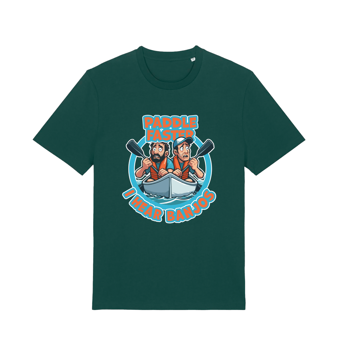 green funny t-shirt with a graphic design of two cartoon characters in a boat and the slogan 'Paddle Faster I Hear Banjos' 