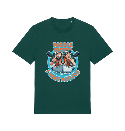green funny t-shirt with a graphic design of two cartoon characters in a boat and the slogan 'Paddle Faster I Hear Banjos' 