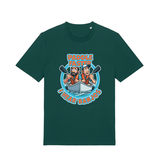 green funny t-shirt with a graphic design of two cartoon characters in a boat and the slogan 'Paddle Faster I Hear Banjos' 
