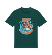 green funny t-shirt with a graphic design of two cartoon characters in a boat and the slogan 'Paddle Faster I Hear Banjos' 