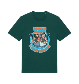 green funny t-shirt with a graphic design of two cartoon characters in a boat and the slogan 'Paddle Faster I Hear Banjos' 