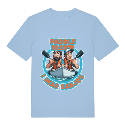 Light blue Paddle Faster I Hear Banjos funny graphic t-shirt with witty river panic graphic  