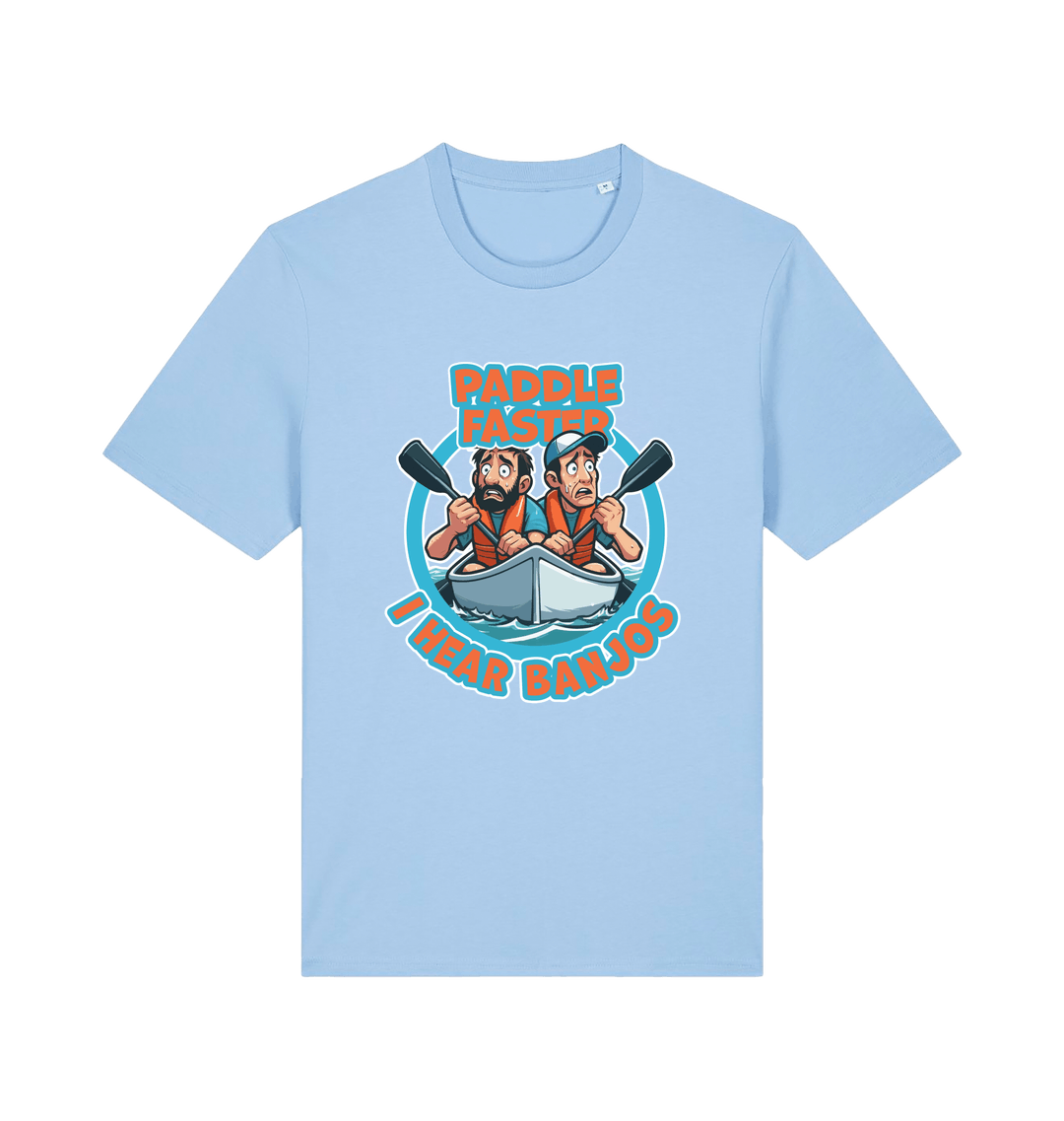 light blue funny t-shirt with a graphic design of two cartoon characters in a boat and the slogan 'Paddle Faster I Hear Banjos' 