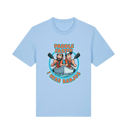 light blue funny t-shirt with a graphic design of two cartoon characters in a boat and the slogan 'Paddle Faster I Hear Banjos' 