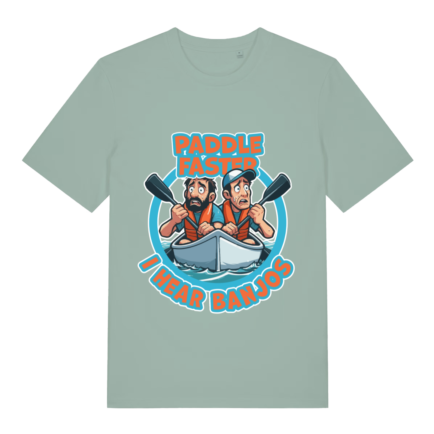 Light green Paddle Faster I Hear Banjos funny graphic t-shirt showing humorous banjo warning  