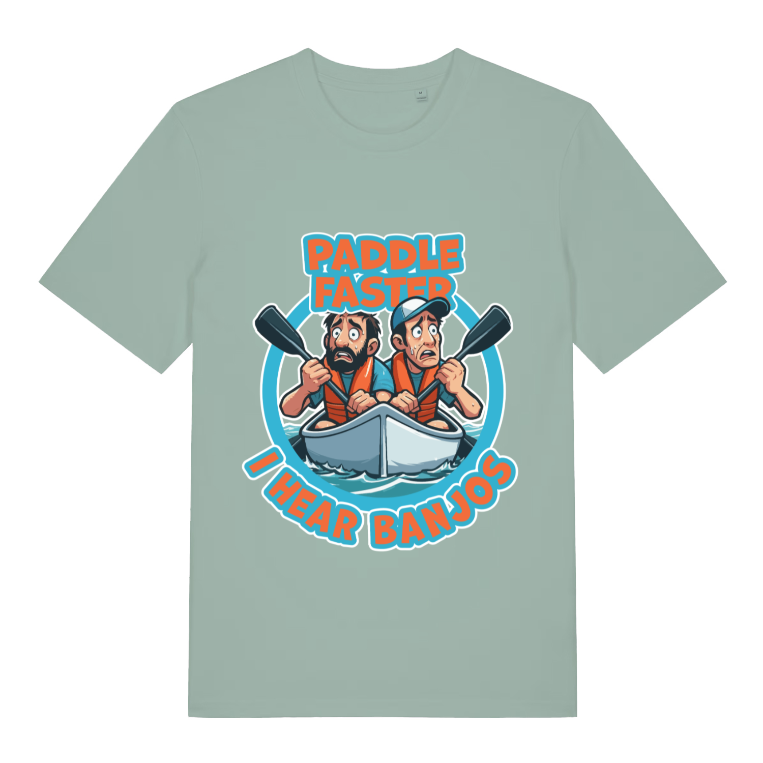 Light green Paddle Faster I Hear Banjos funny graphic t-shirt showing humorous banjo warning  