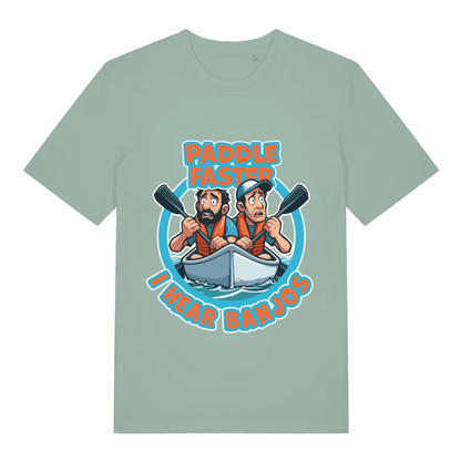 Light green Paddle Faster I Hear Banjos funny graphic t-shirt showing humorous banjo warning  