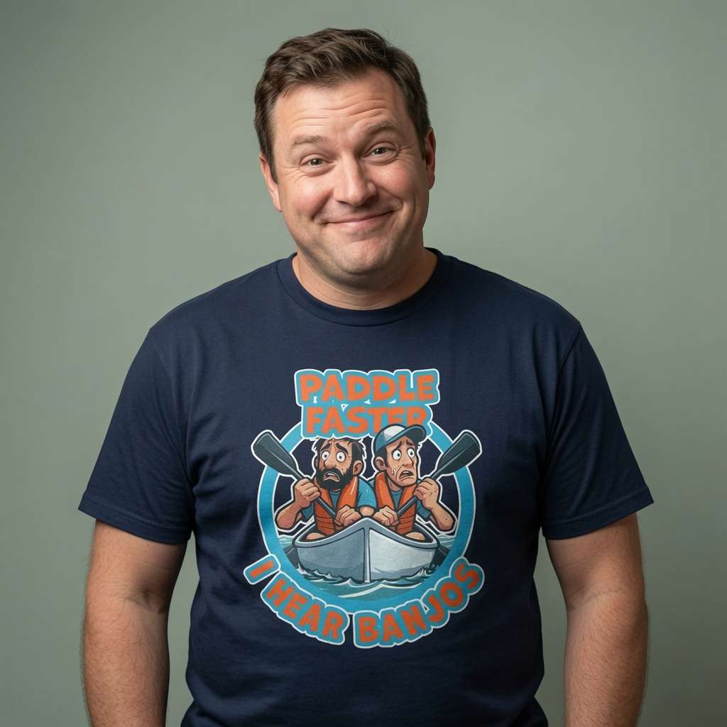 Man giving a knowing smirk while wearing a navy Paddle Faster I Hear Banjos t-shirt featuring two panicked canoeists, funny film-inspired witty graphic