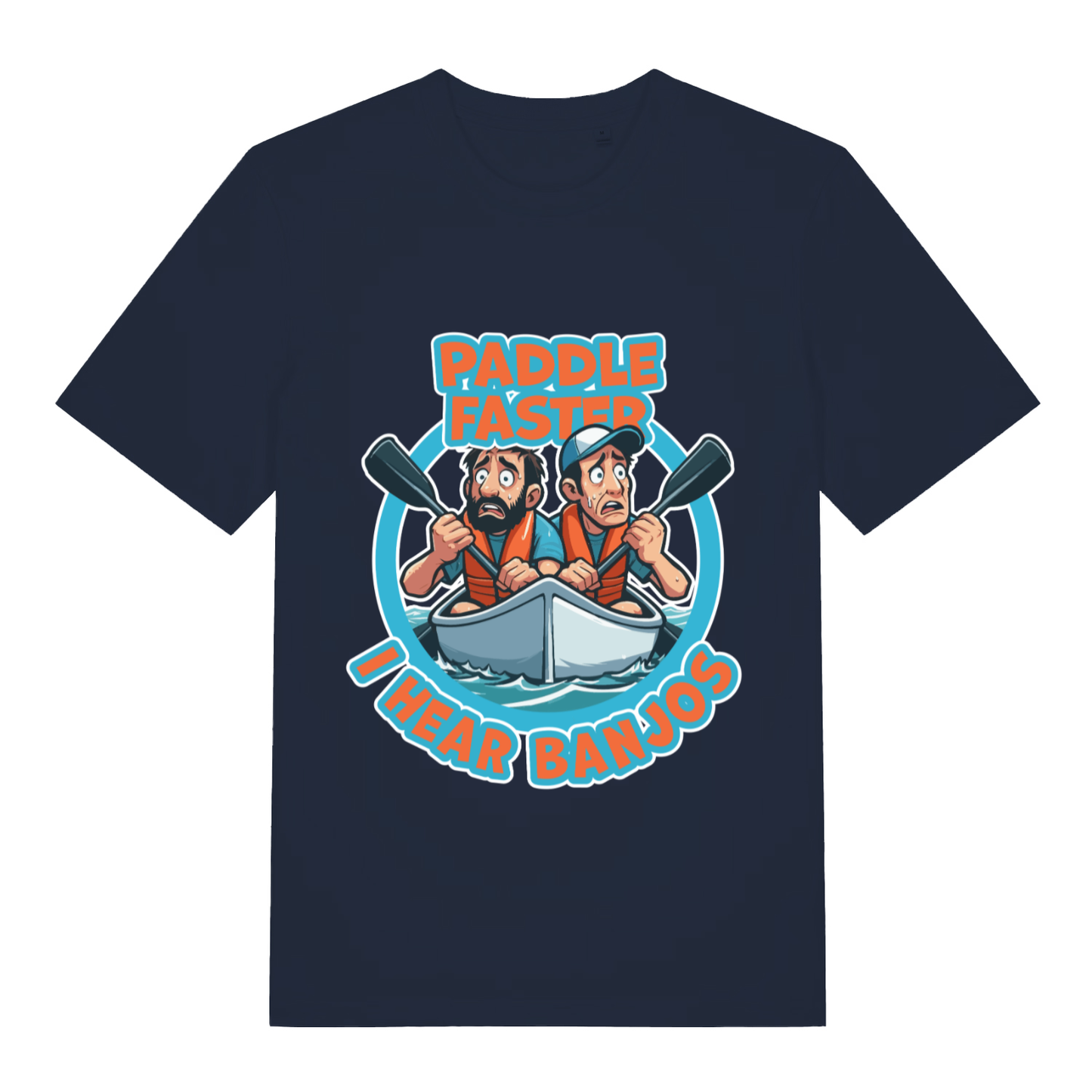 Navy Paddle Faster I Hear Banjos funny graphic t-shirt with bold Deliverance-inspired artwork  
