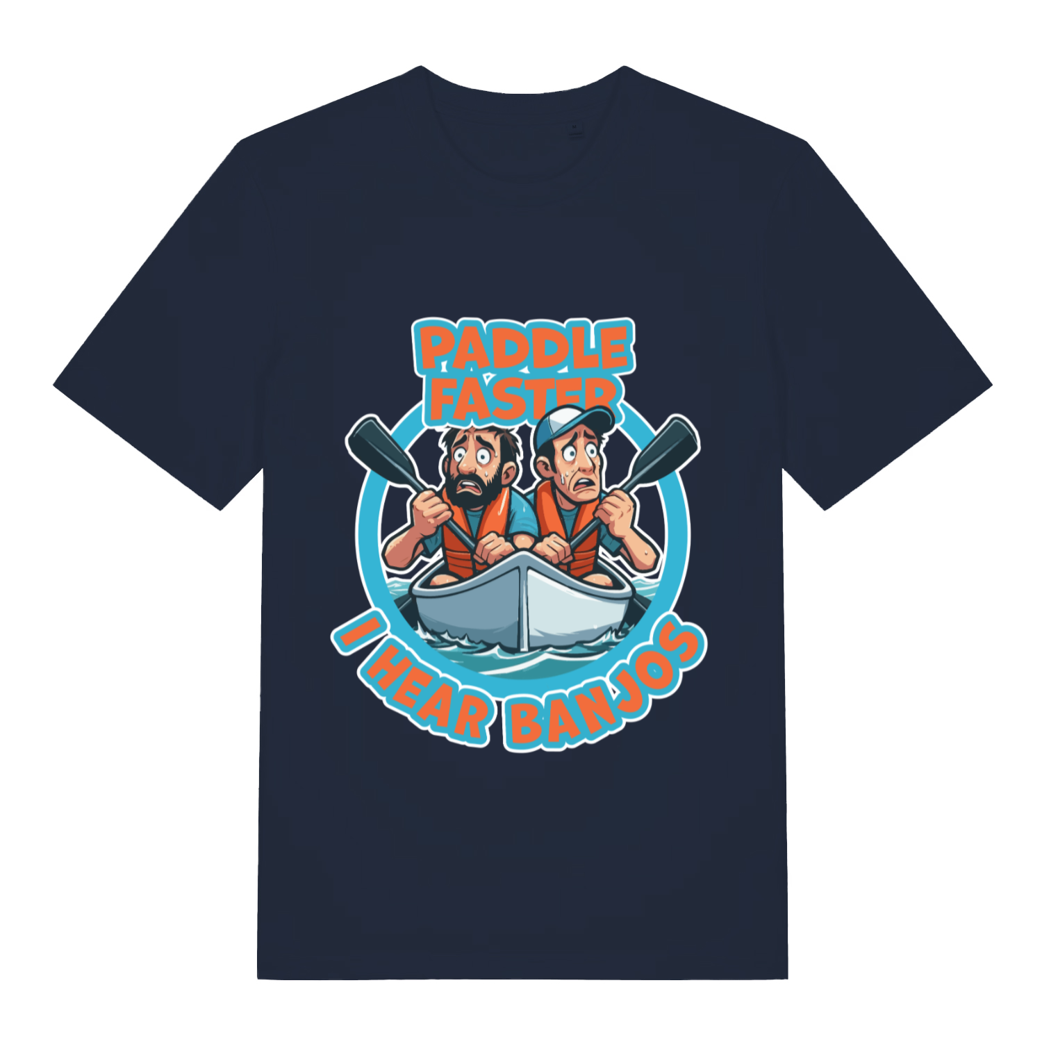Navy Paddle Faster I Hear Banjos funny graphic t-shirt with bold Deliverance-inspired artwork  