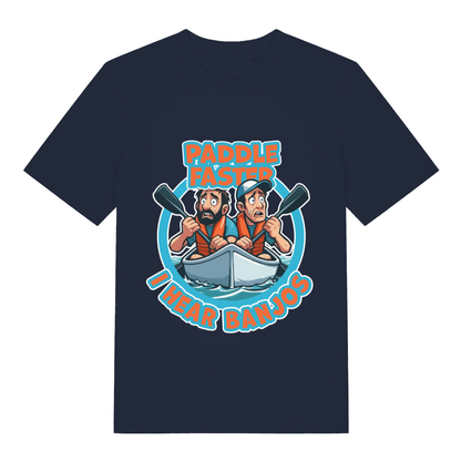Navy Paddle Faster I Hear Banjos funny graphic t-shirt with bold Deliverance-inspired artwork  