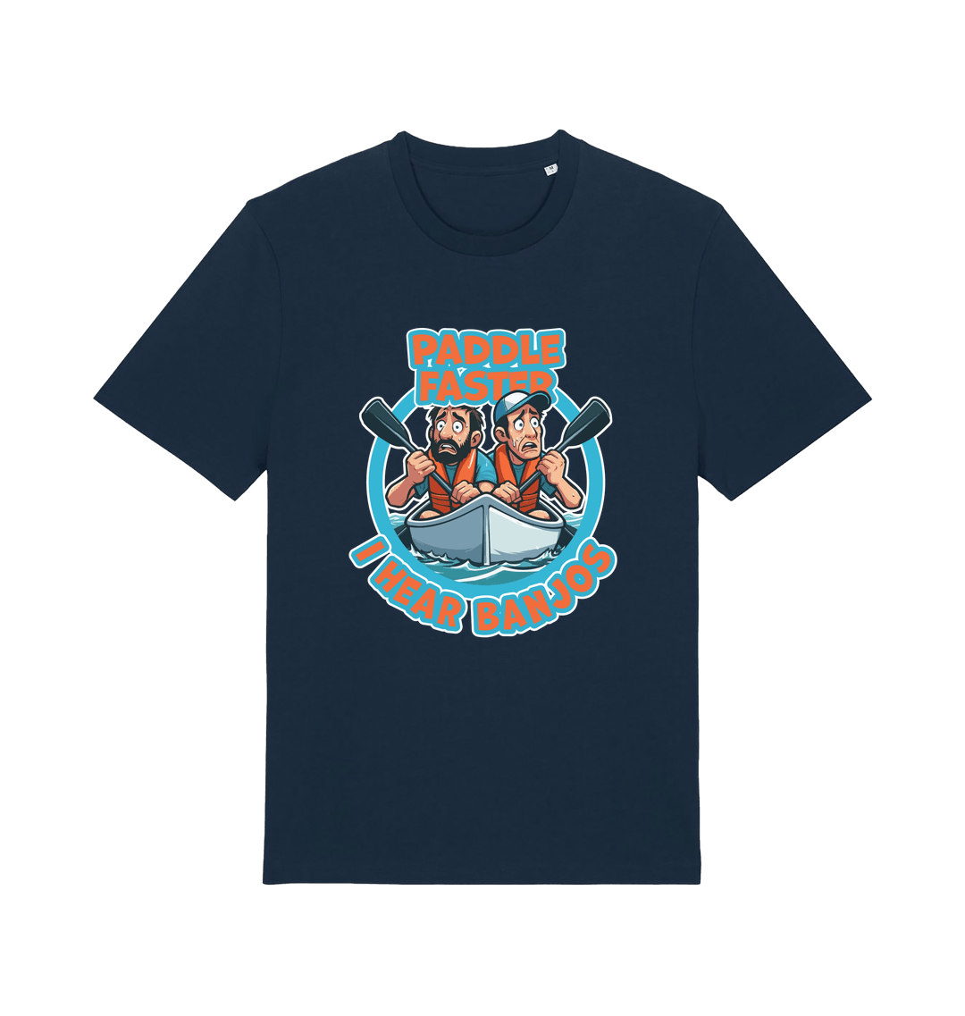 navy funny t-shirt with a graphic design of two cartoon characters in a boat and the slogan 'Paddle Faster I Hear Banjos' 