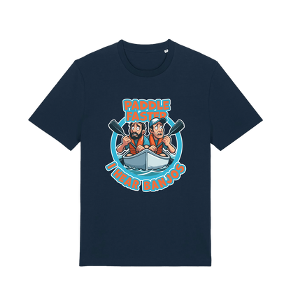 navy funny t-shirt with a graphic design of two cartoon characters in a boat and the slogan 'Paddle Faster I Hear Banjos' 