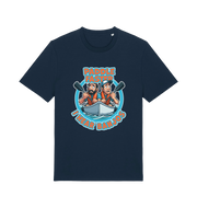 navy funny t-shirt with a graphic design of two cartoon characters in a boat and the slogan 'Paddle Faster I Hear Banjos' 