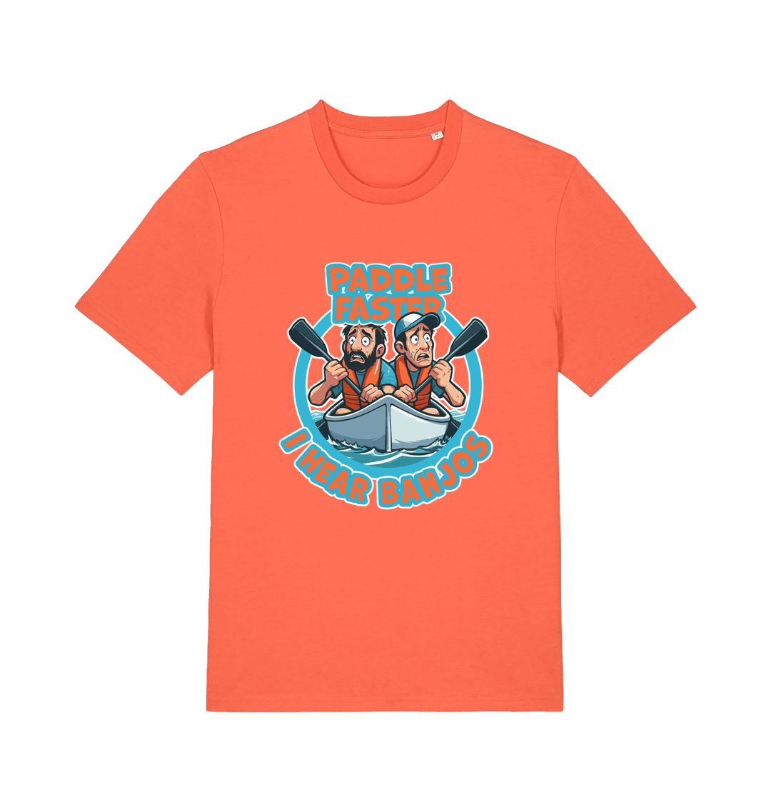 orange funny t-shirt with a graphic design of two cartoon characters in a boat and the slogan 'Paddle Faster I Hear Banjos' 