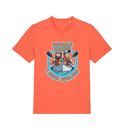 orange funny t-shirt with a graphic design of two cartoon characters in a boat and the slogan 'Paddle Faster I Hear Banjos' 