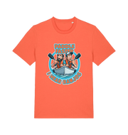 orange funny t-shirt with a graphic design of two cartoon characters in a boat and the slogan 'Paddle Faster I Hear Banjos' 