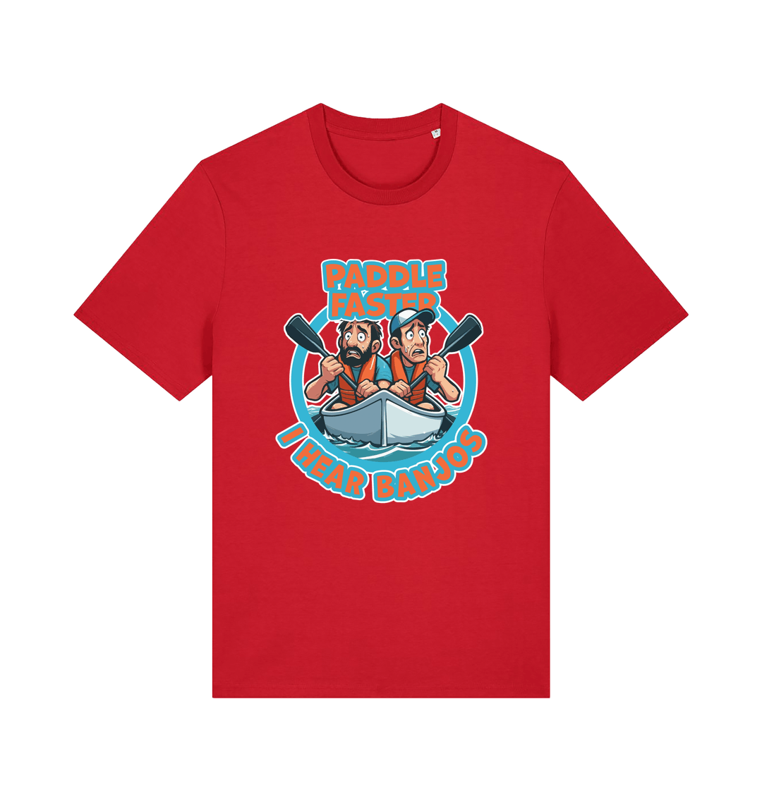 red funny t-shirt with a graphic design of two cartoon characters in a boat and the slogan 'Paddle Faster I Hear Banjos' 