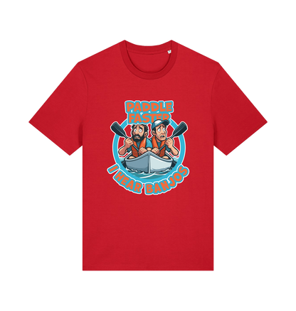 red funny t-shirt with a graphic design of two cartoon characters in a boat and the slogan 'Paddle Faster I Hear Banjos' 