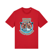 red funny t-shirt with a graphic design of two cartoon characters in a boat and the slogan 'Paddle Faster I Hear Banjos' 