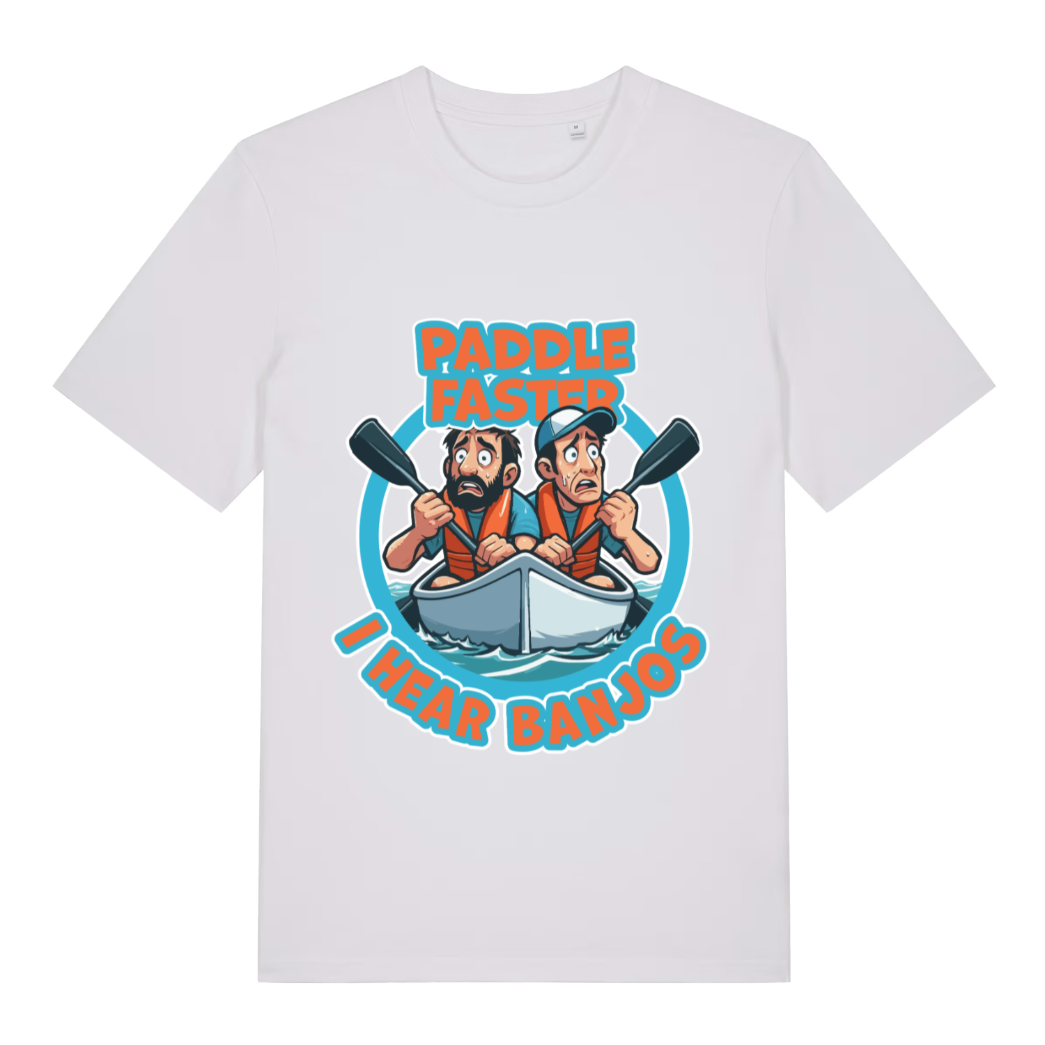 White Paddle Faster I Hear Banjos funny graphic t-shirt featuring classic movie quote design  