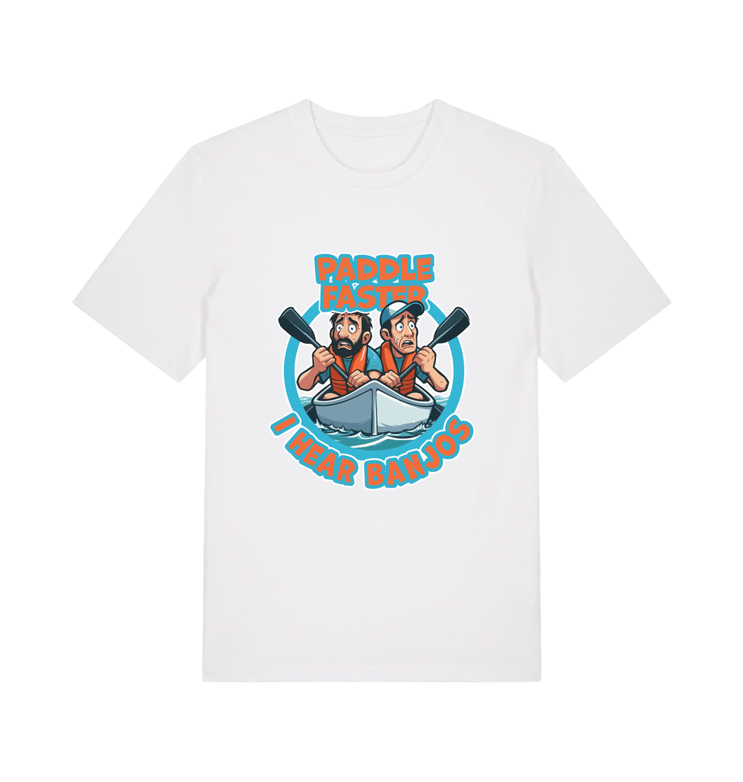 white funny t-shirt with a graphic design of two cartoon characters in a boat and the slogan 'Paddle Faster I Hear Banjos' 