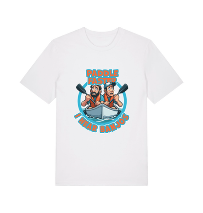white funny t-shirt with a graphic design of two cartoon characters in a boat and the slogan 'Paddle Faster I Hear Banjos' 
