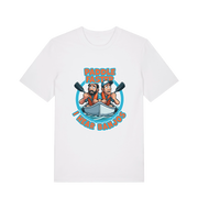 white funny t-shirt with a graphic design of two cartoon characters in a boat and the slogan 'Paddle Faster I Hear Banjos' 