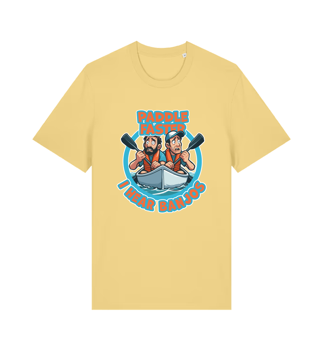 yellow funny t-shirt with a graphic design of two cartoon characters in a boat and the slogan 'Paddle Faster I Hear Banjos' 
