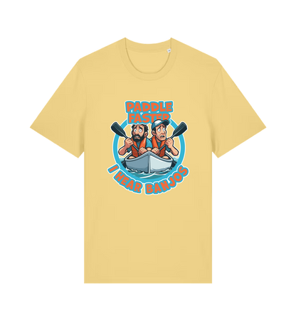 yellow funny t-shirt with a graphic design of two cartoon characters in a boat and the slogan 'Paddle Faster I Hear Banjos' 