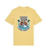 yellow funny t-shirt with a graphic design of two cartoon characters in a boat and the slogan 'Paddle Faster I Hear Banjos' 