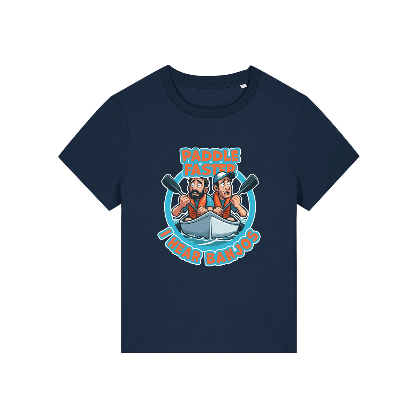 navy movie t-shirt with the graphic of two people in a kayak and the slogan 'paddle faster i hear banjos'