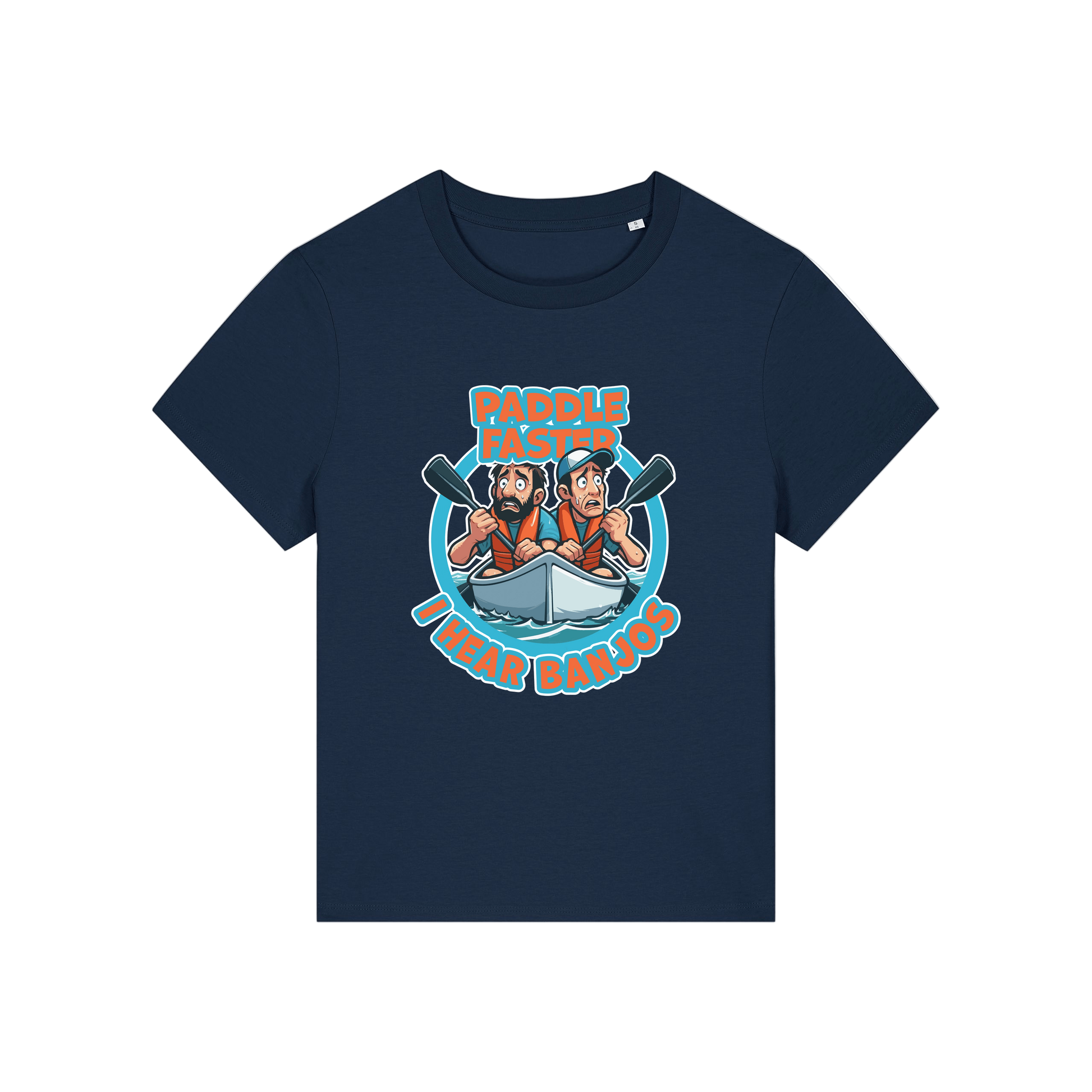 navy movie t-shirt with the graphic of two people in a kayak and the slogan 'paddle faster i hear banjos'