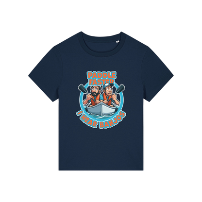 navy movie t-shirt with the graphic of two people in a kayak and the slogan 'paddle faster i hear banjos'