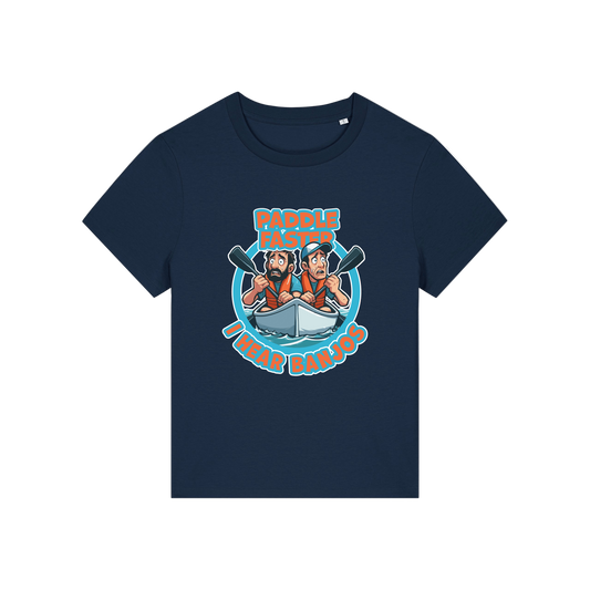 navy movie t-shirt with the graphic of two people in a kayak and the slogan 'paddle faster i hear banjos'
