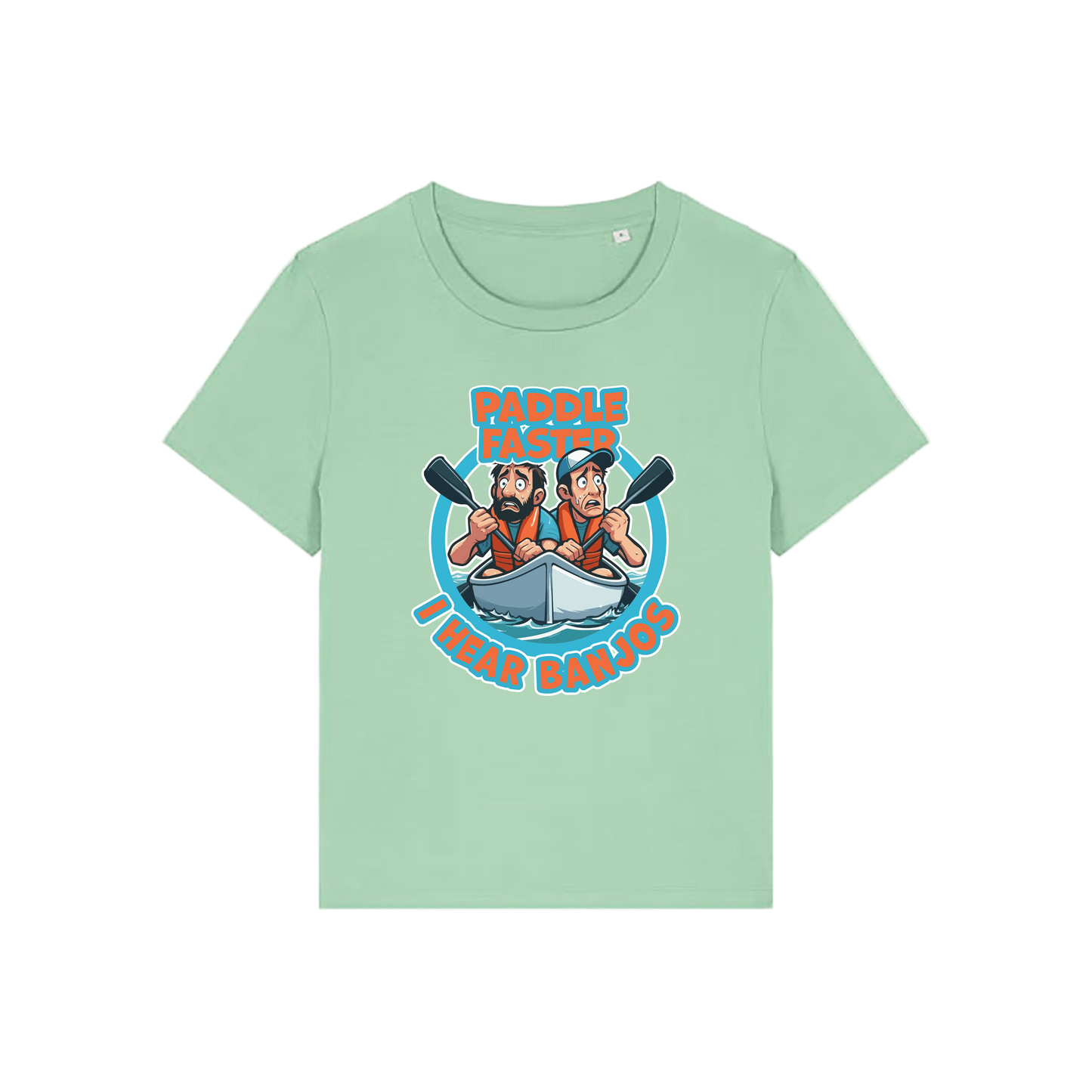 green movie t-shirt with the graphic of two people in a kayak and the slogan 'paddle faster i hear banjos'