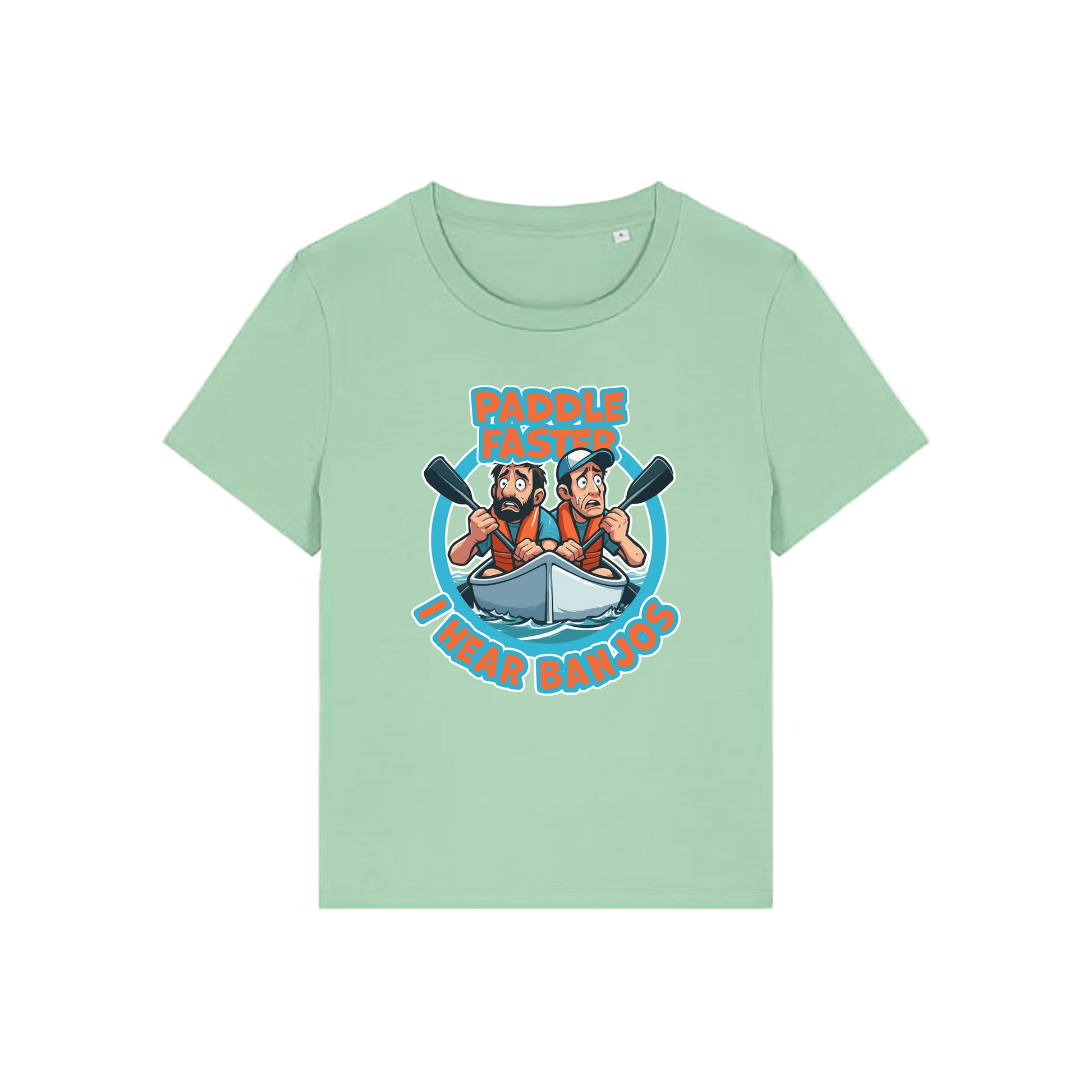 green movie t-shirt with the graphic of two people in a kayak and the slogan 'paddle faster i hear banjos'