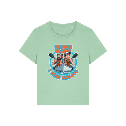 green movie t-shirt with the graphic of two people in a kayak and the slogan 'paddle faster i hear banjos'