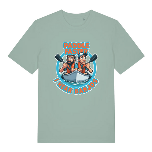 green women's movie t-shirt with the graphic of two cartoon people in a kayak and the slogan 'paddle faster i hear banjos'