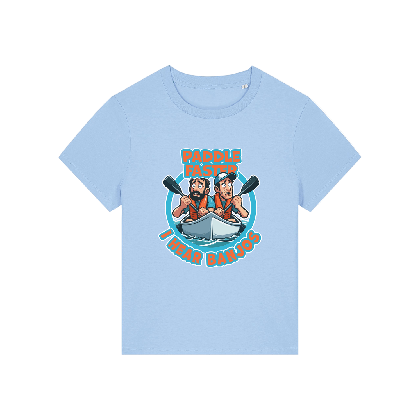 light blue movie t-shirt with the graphic of two people in a kayak and the slogan 'paddle faster i hear banjos'