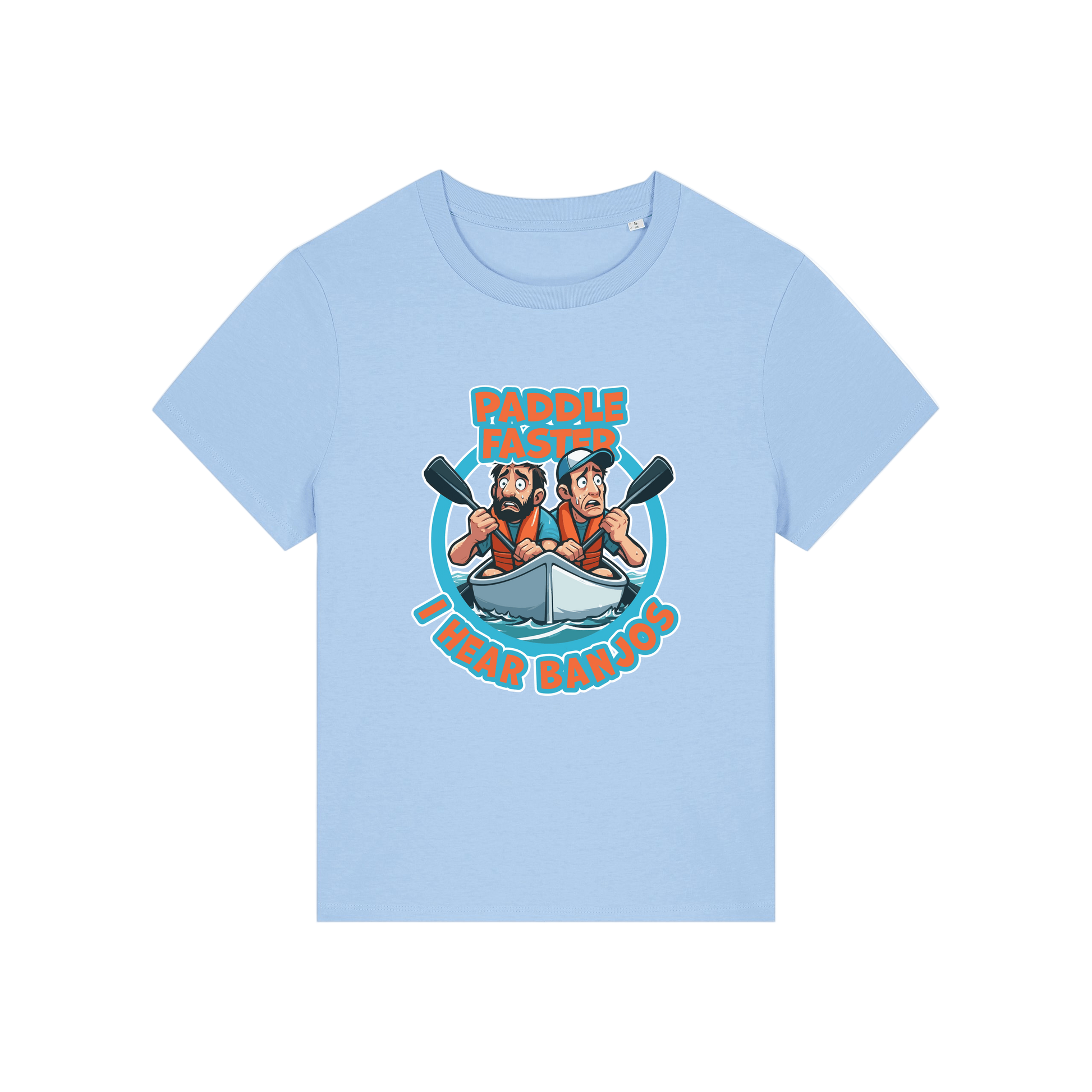 light blue movie t-shirt with the graphic of two people in a kayak and the slogan 'paddle faster i hear banjos'
