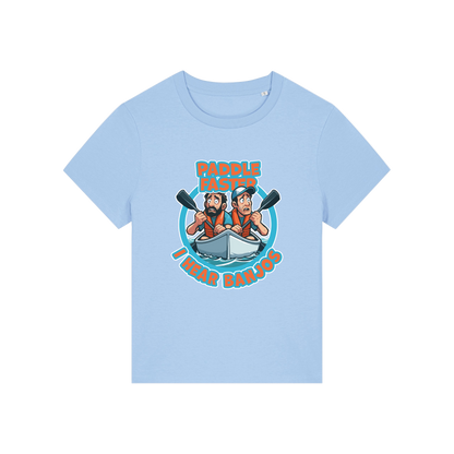 light blue movie t-shirt with the graphic of two people in a kayak and the slogan 'paddle faster i hear banjos'