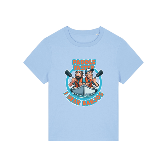 light blue movie t-shirt with the graphic of two people in a kayak and the slogan 'paddle faster i hear banjos'